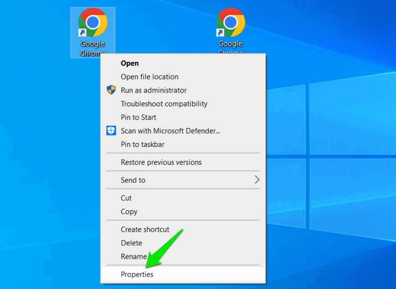 Свойства значка Chrome