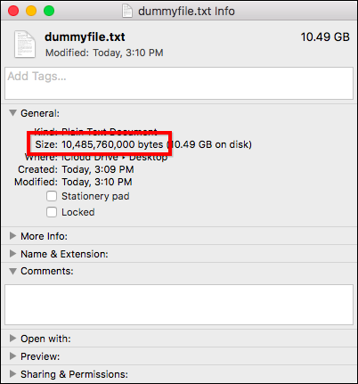 Окно Получить информацию о файле в Finder