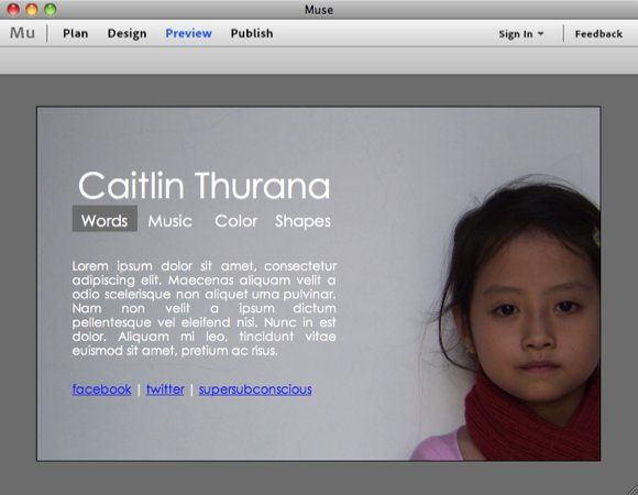 Предпросмотр страницы в Muse