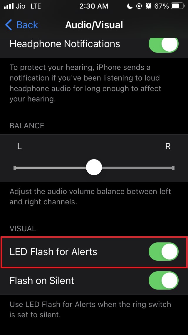 Ejemplo de la opción Flash LED para alertas activada