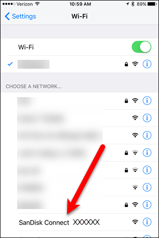 Выбор сети SanDisk Connect