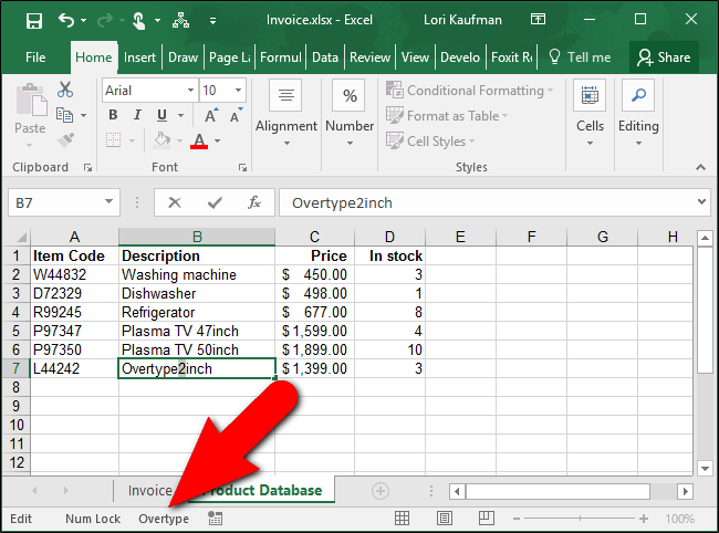 Индикатор режима замены в строке состояния Excel