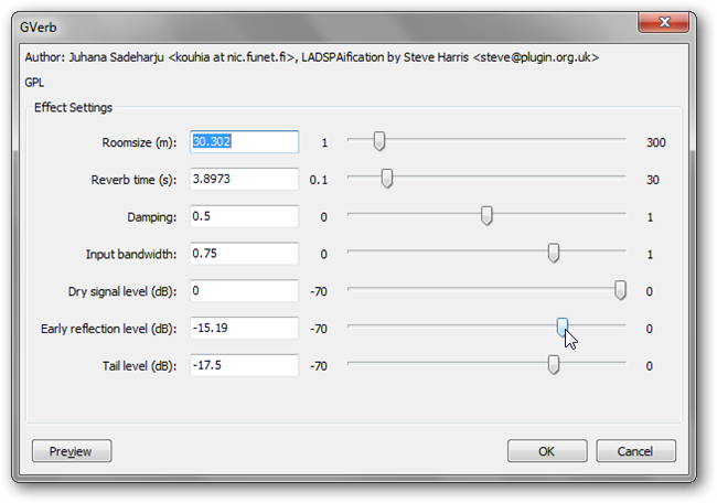 Параметры GVerb — увеличение сухого сигнала и снижение ранних отражений (скриншот)