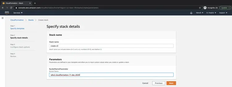 Указание имени стека и имени бакета