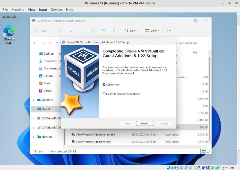 Подтверждение перезагрузки после установки Guest Additions.