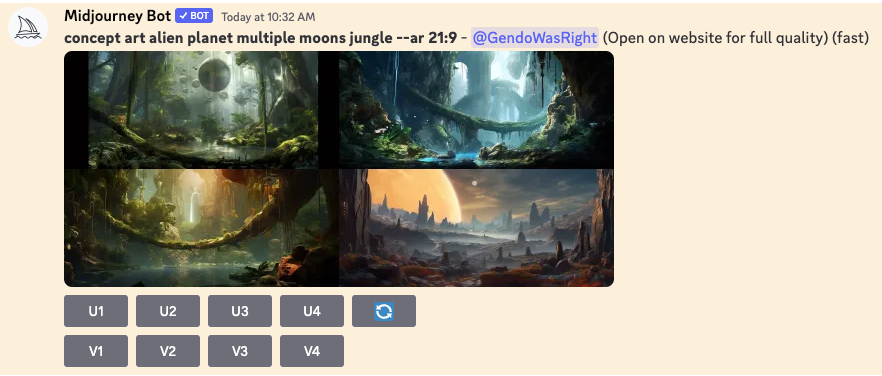 Результат: четыре варианта обоев после запроса в MidJourney.
