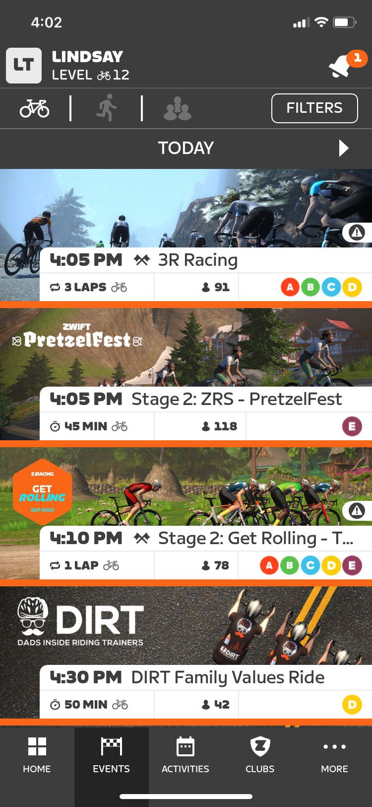 Zwift Companion app Events screen with stages