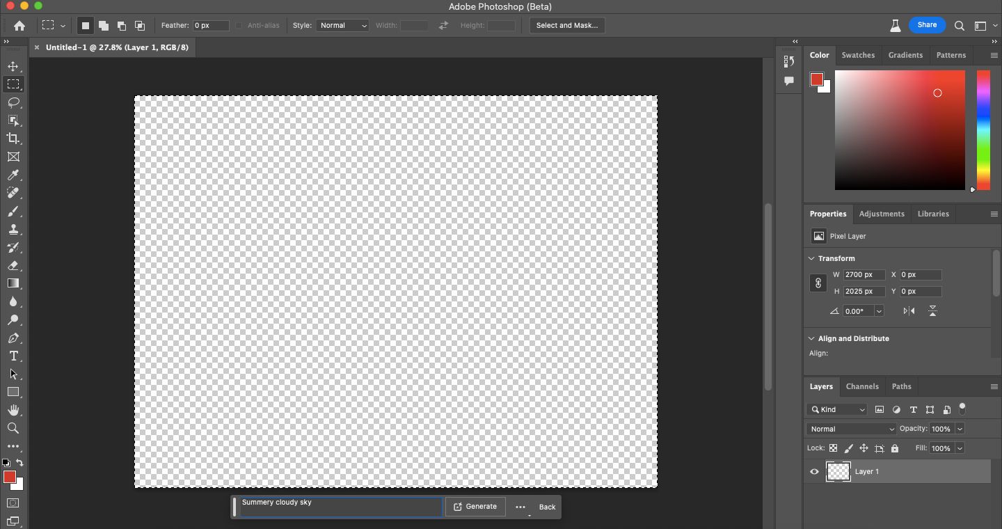 Интерфейс Photoshop Beta с окном промпта Generative Fill.