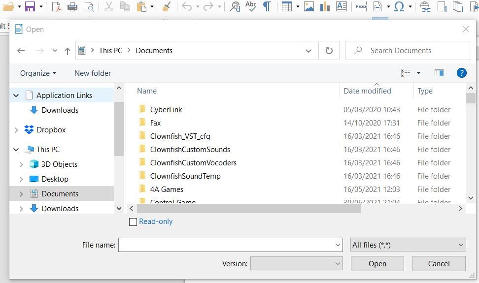 Окно открытия файла