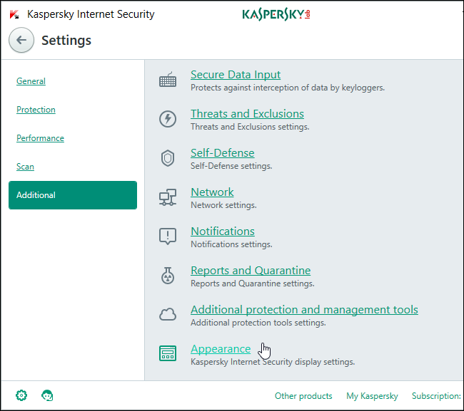 Параметр внешнего вида Kaspersky с опцией анимации иконки