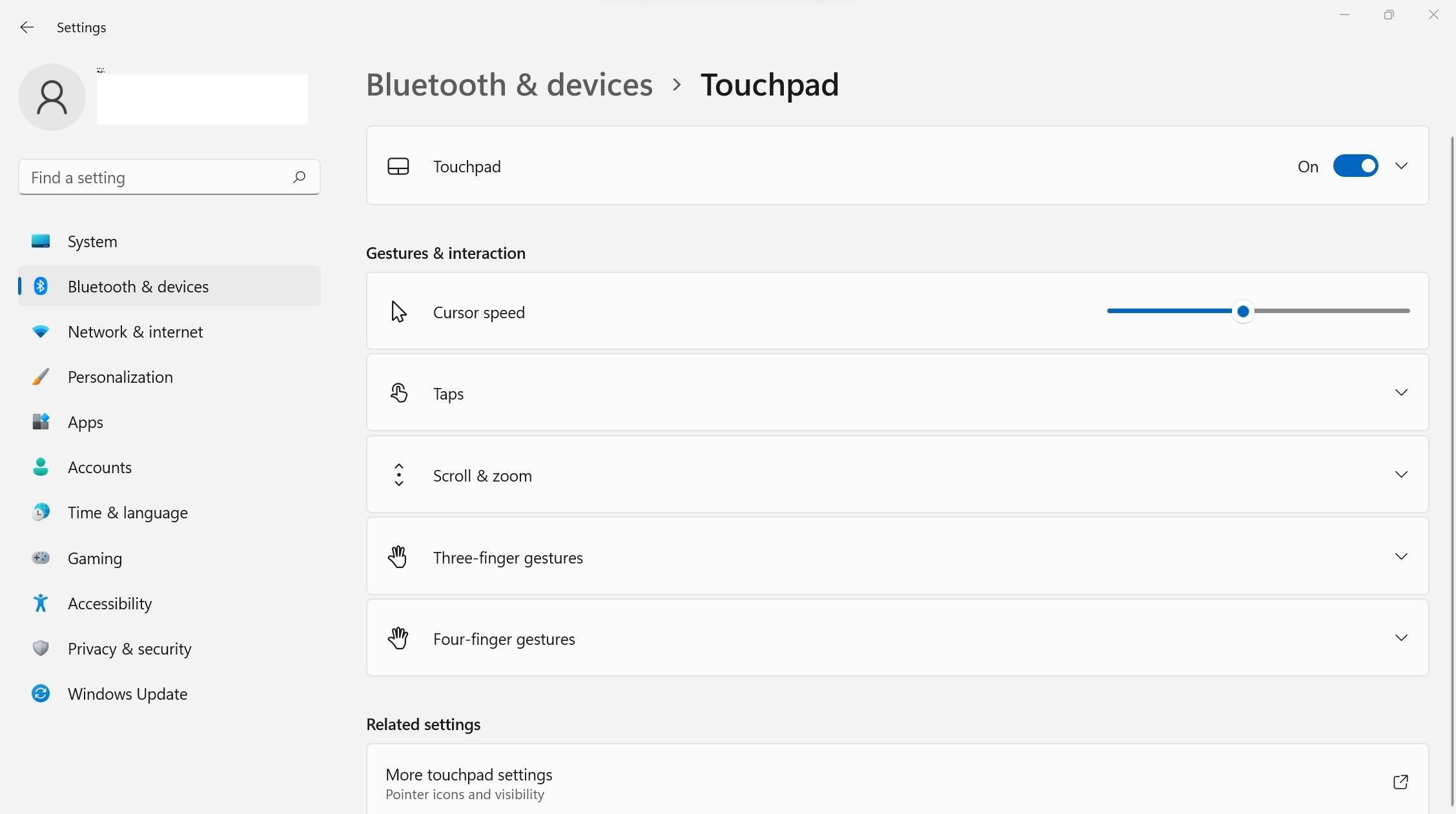 Настройки тачпада Windows 11 с переключателем для отключения