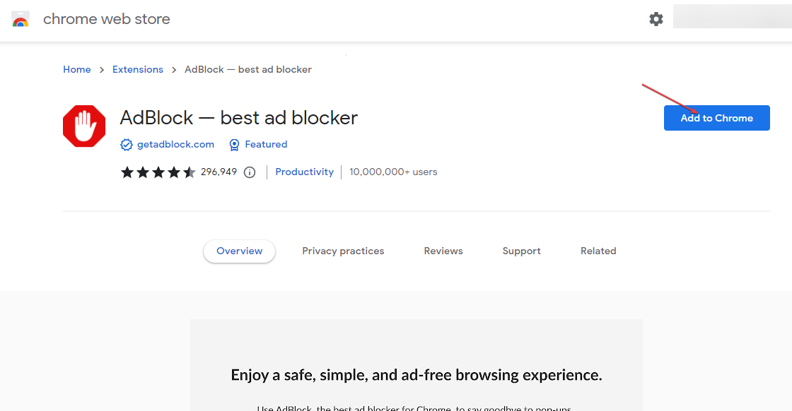 Страница расширения AdBlock в Интернет-магазине Chrome