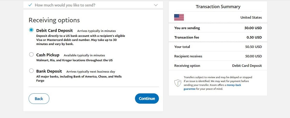 Интерфейс отправки для выдачи наличных через Xoom
