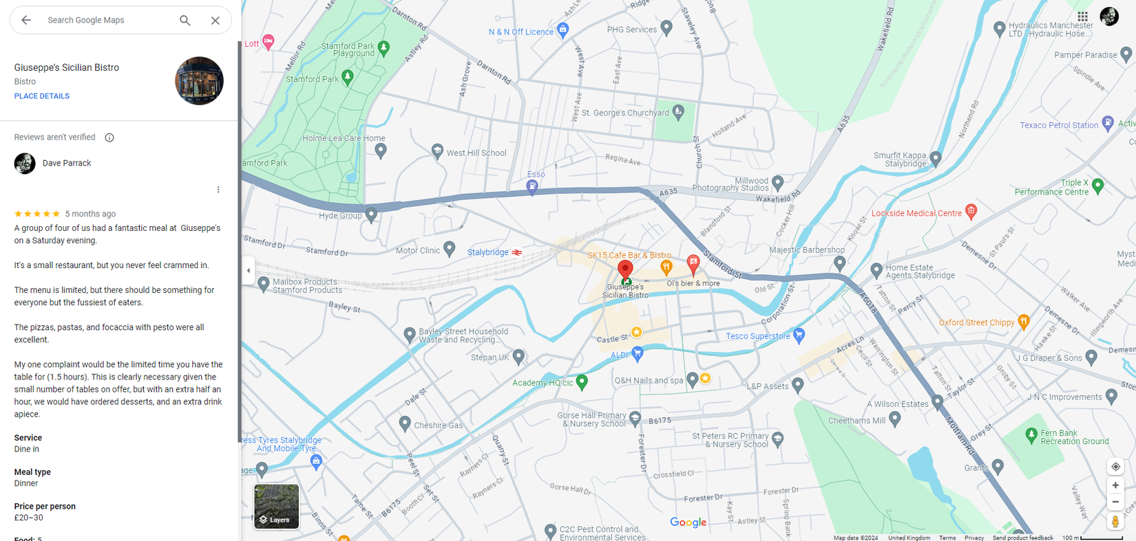 A Google Maps review of Giuseppe's Sicilian Bistro