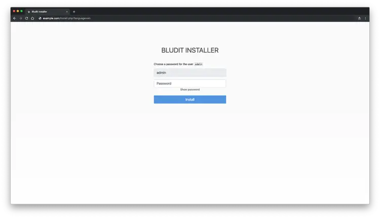 Форма создания пароля администратора Bludit
