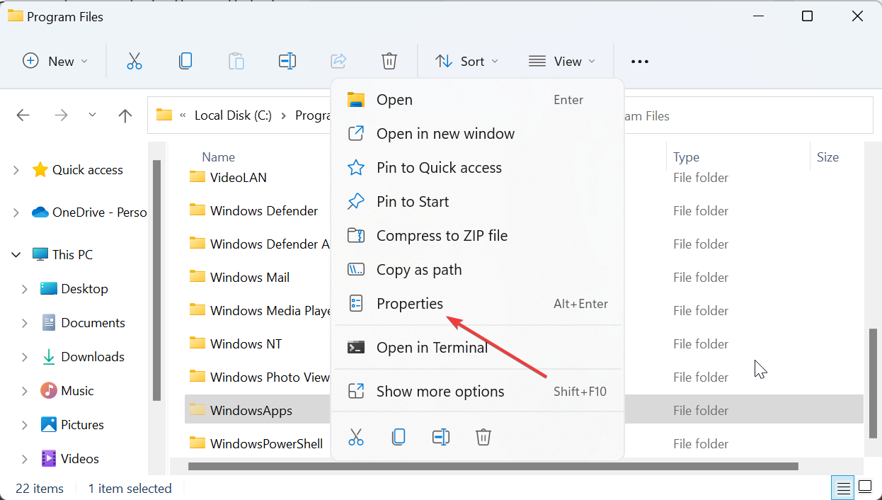 Окно 'Свойства' папки WindowsApps