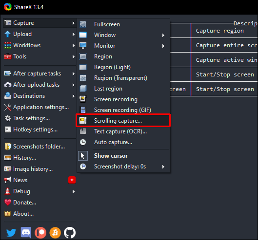 Опция Scrolling capture в ShareX