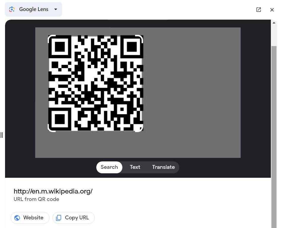 Боковая панель Google Lens в Google Chrome с распознанным QR‑кодом