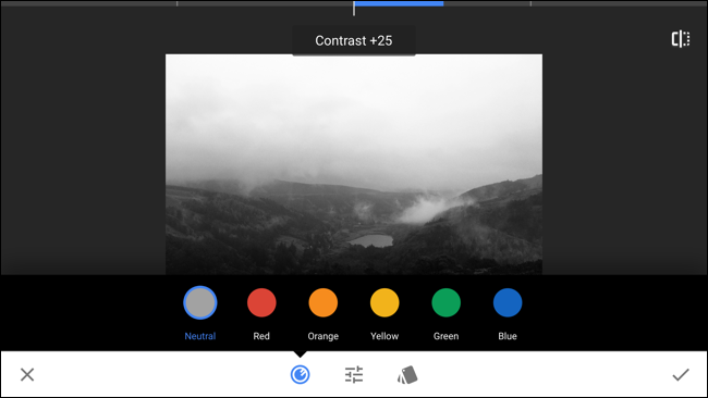 Меню цветовых фильтров в Snapseed