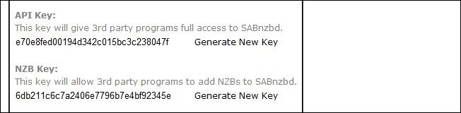Панель конфигурации SABnzbd: генерация ключей и опции веб-сервера