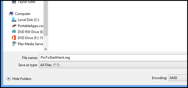 Окно сохранения файла с именем PinToStartHack.reg