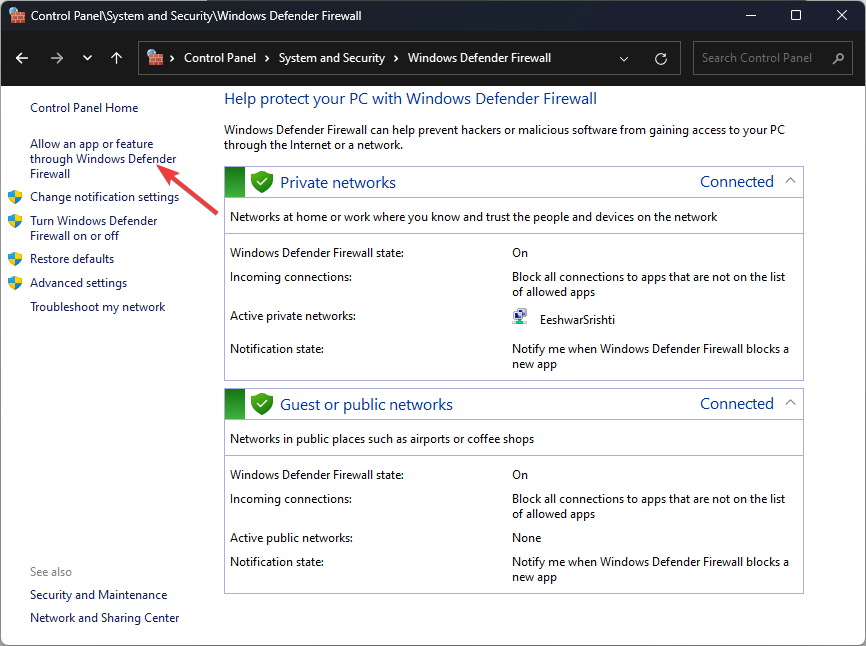 Параметр Разрешить приложение через брандмауэр