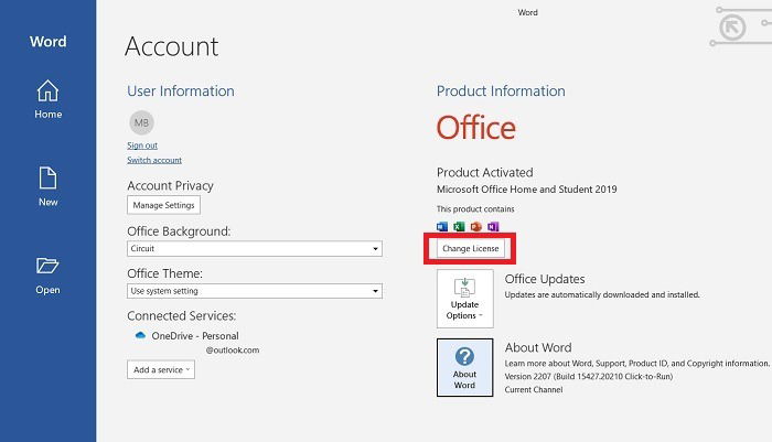 Информация о продукте и кнопка смены лицензии в Word