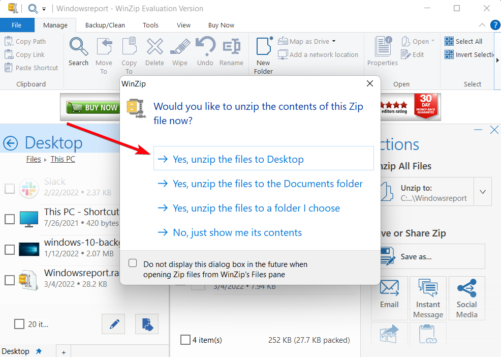 Извлечение файлов из RAR через WinZip на рабочий стол