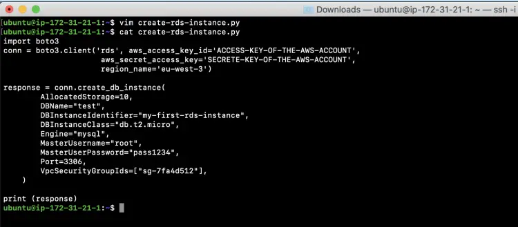Пример создания RDS-инстанса через Boto3 — вывод команды