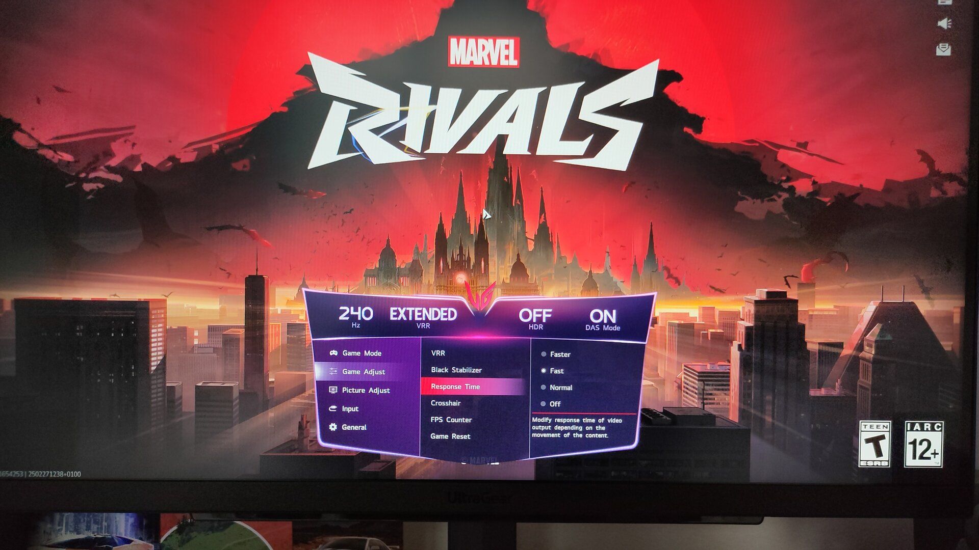 Игровой монитор LG с открытым игровым меню и запущенной Marvel Rivals