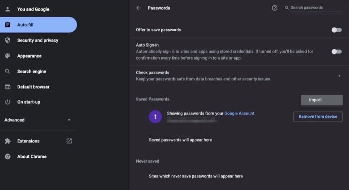 Опция импорт паролей в настройках Chrome