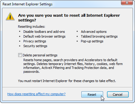 Подтверждение сброса настроек Internet Explorer