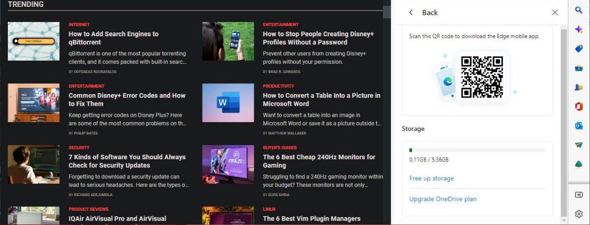 Проверка хранилища OneDrive из Microsoft Edge