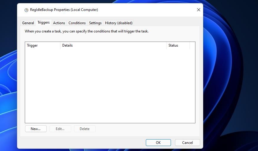 Вкладка «Triggers» в свойствах задачи RegIdleBack