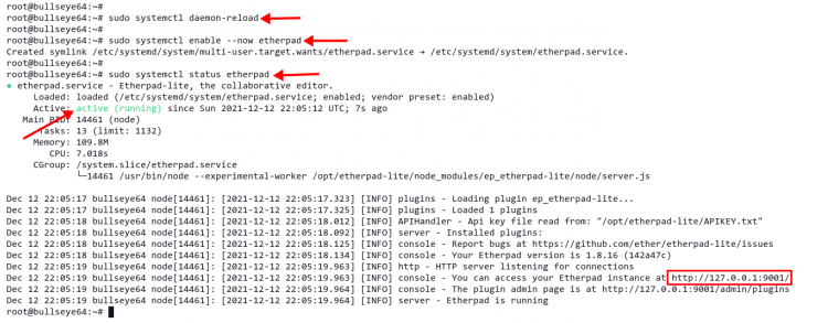 Скриншот: запуск etherpad как сервиса systemd