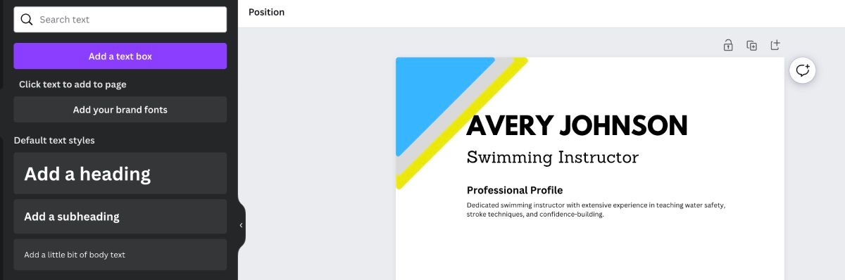Adding a professional profile section on a Canva resume document