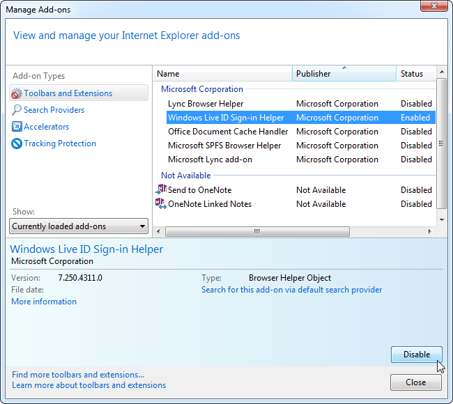 Отключение надстройки Internet Explorer