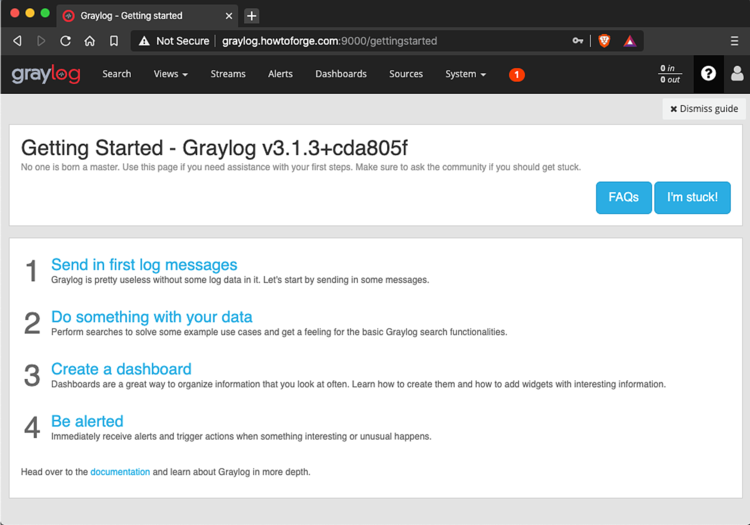 Главная панель Graylog после первого входа: поисковые запросы, панели и потоки