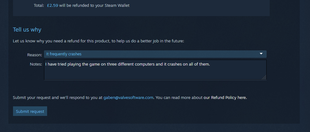 Поля 'Расскажите нам, почему' в форме возврата Steam