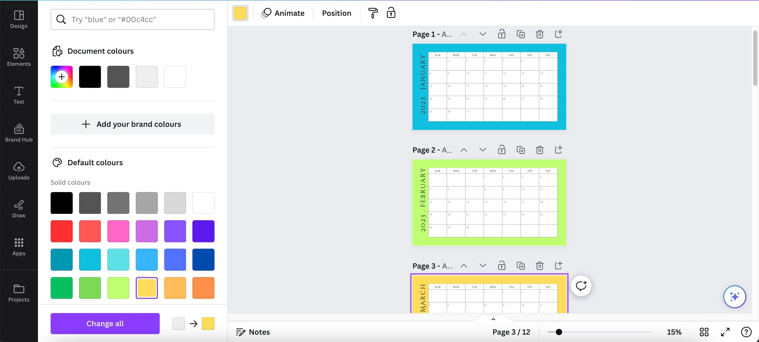 Смена фонового цвета слайда календаря в Canva