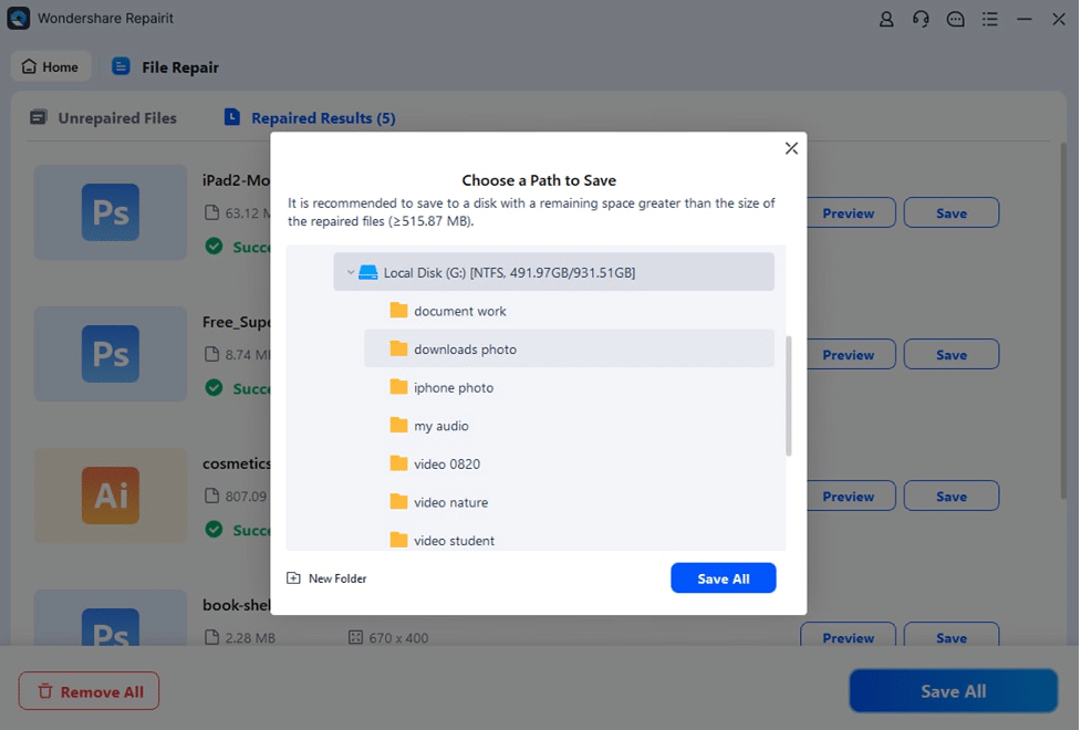 Опция сохранения — кнопка «Сохранить всё» в Repairit