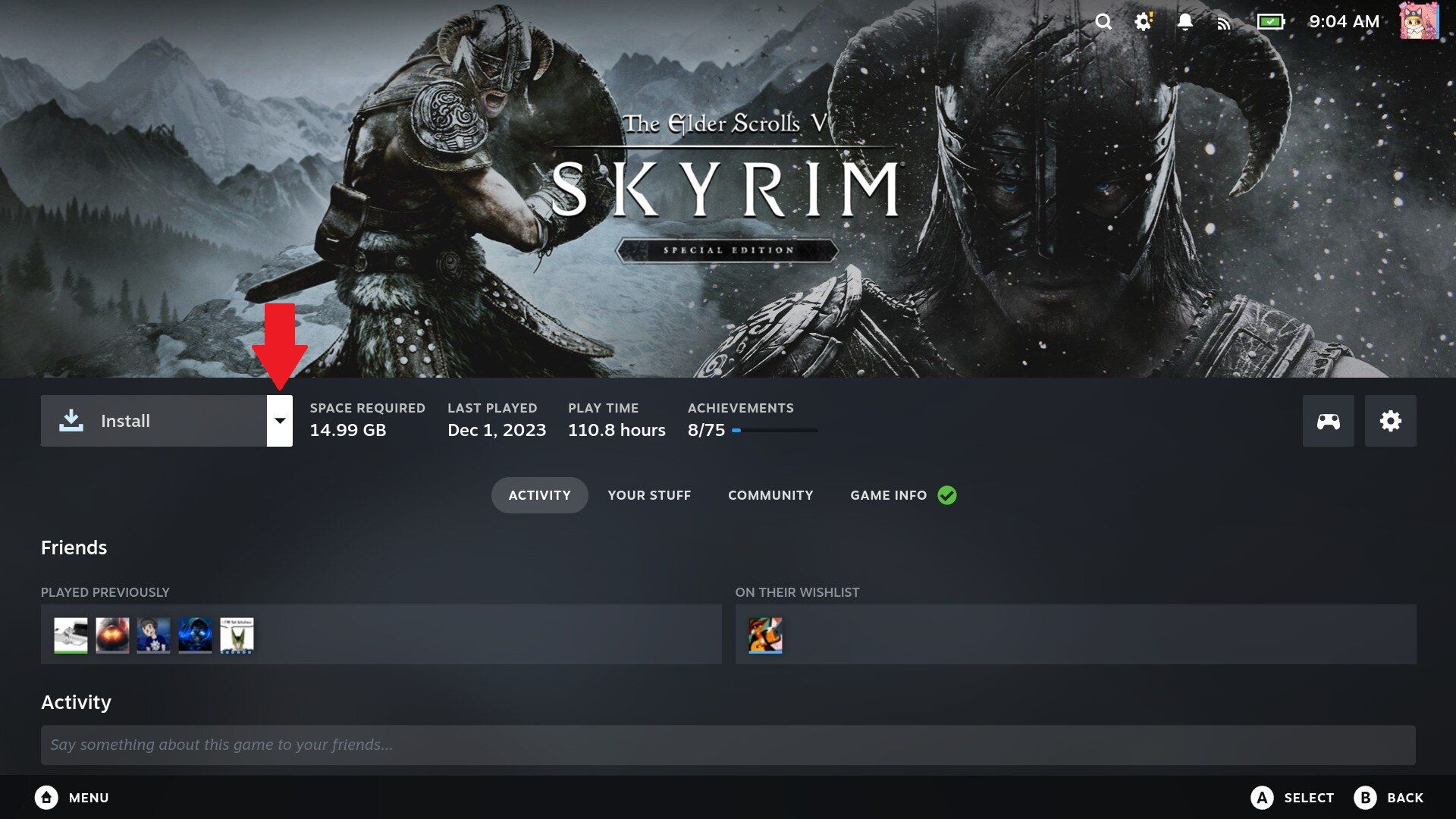 Стрелка, ведущая к опции стрима на Steam Deck