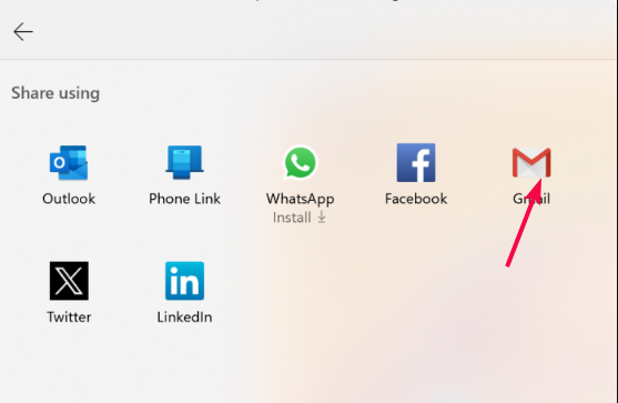 Список приложений для общего доступа с выделенным Gmail