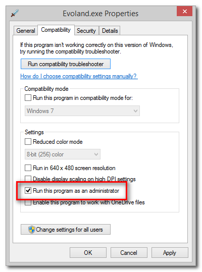Свойства исполняемого файла с вкладкой «Совместимость»