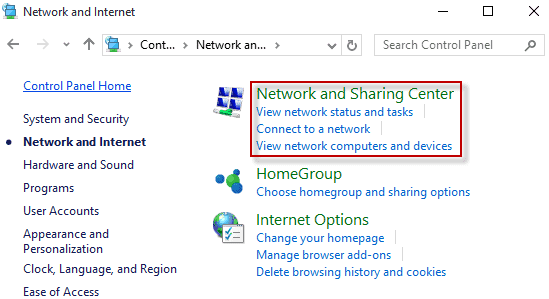 Элемент Центр управления сетями и общим доступом в Панели управления