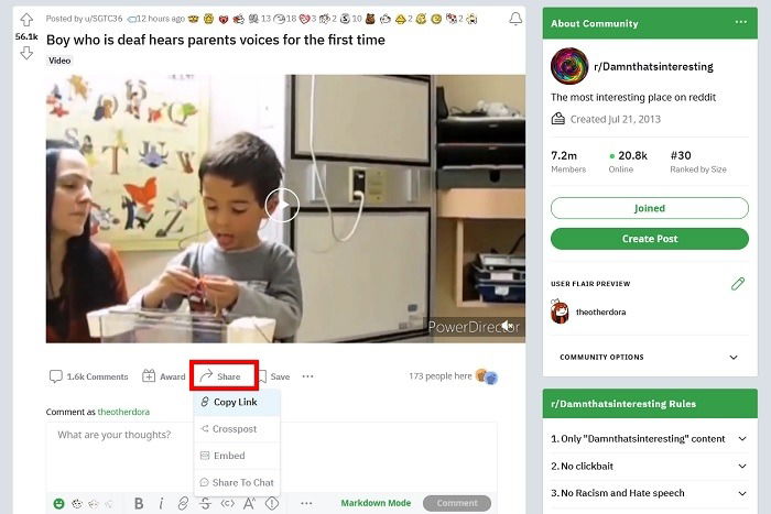 Копирование ссылки на пост Reddit в браузере