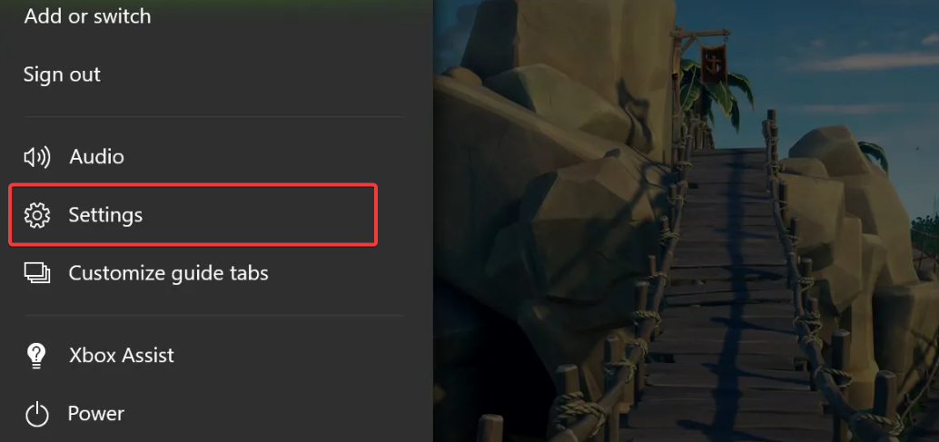 Пункт Настройки в меню Xbox