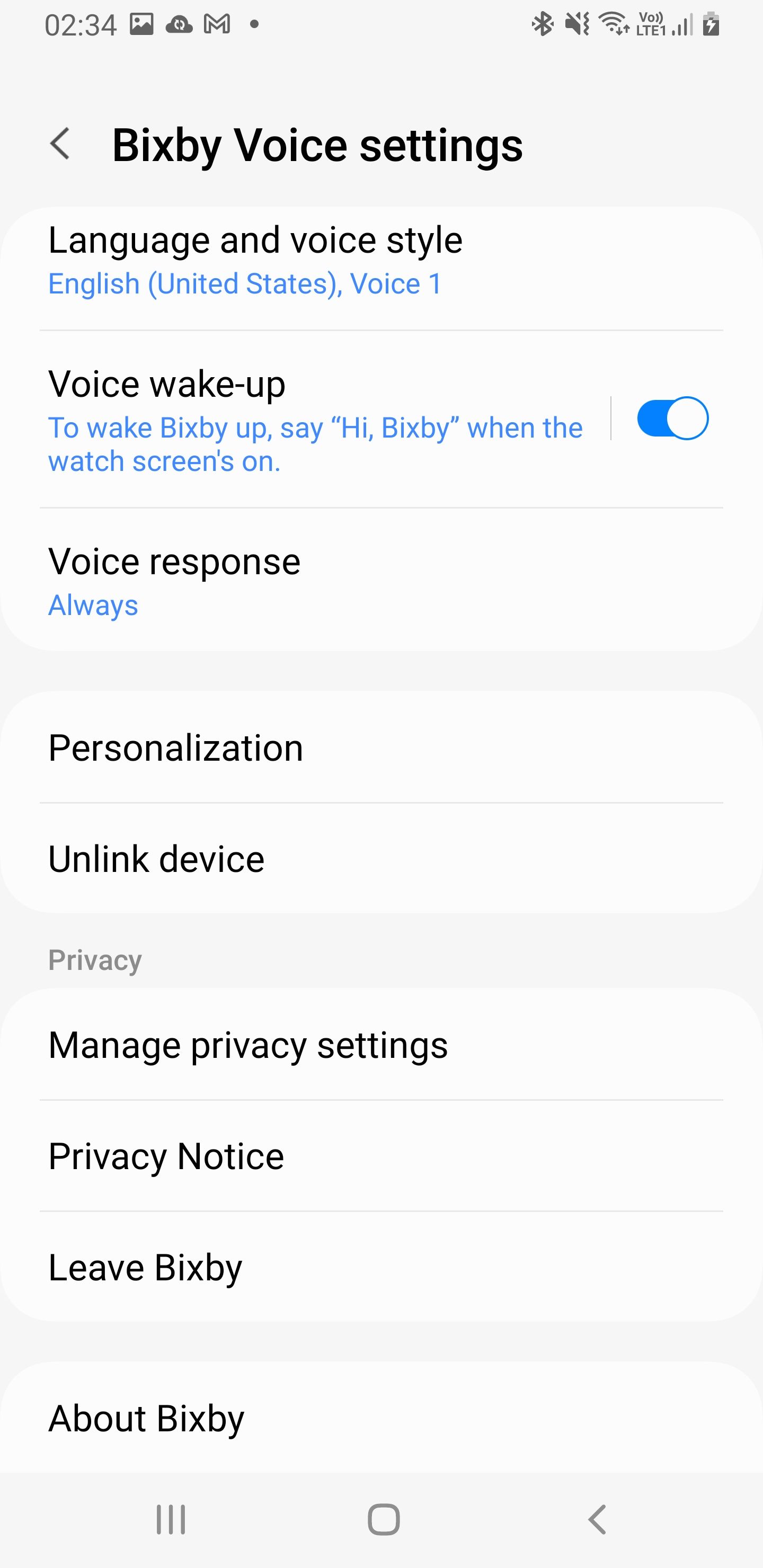 настройки Bixby в приложении Galaxy Wearable