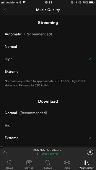 Параметры качества звука на iOS: Normal, High, Extreme