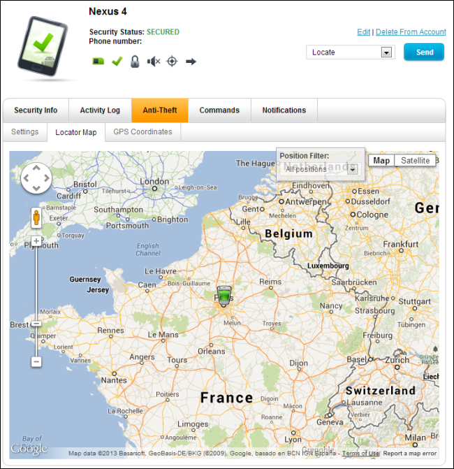 Страница avast! с геолокацией устройства
